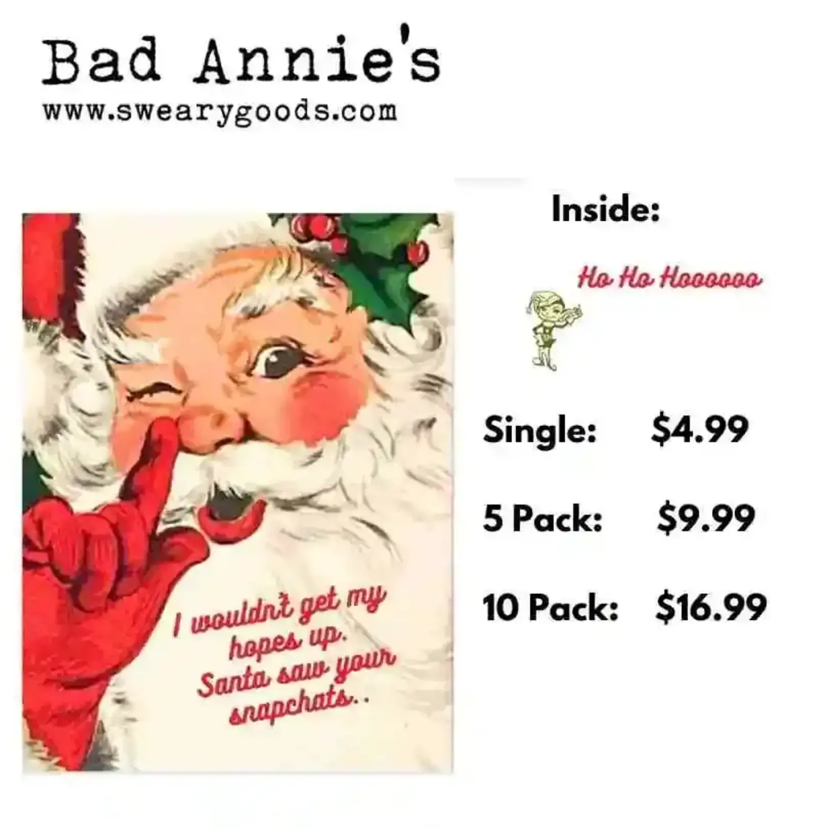 Bad Annie’s Card (Holiday) (5 Pack) - I wouldn't Get My Hopes Up. Santa Saw Your Snapchats.