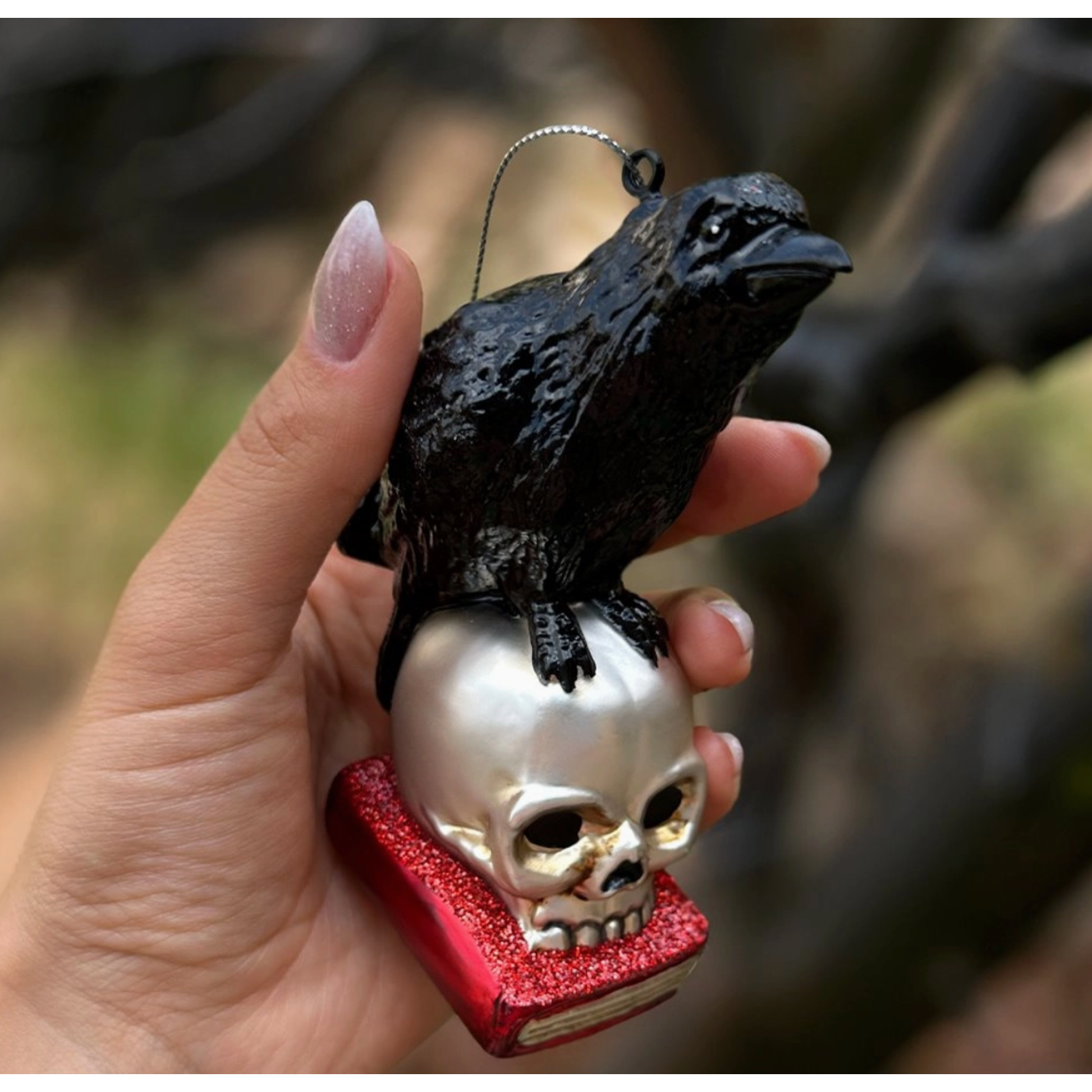 Ornament - Glass Raven On Skull & Books