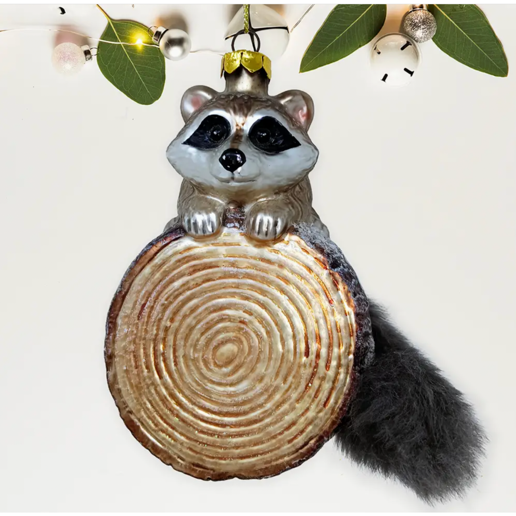 Ornament - Raccoon On Log - Glass & Faux Fur