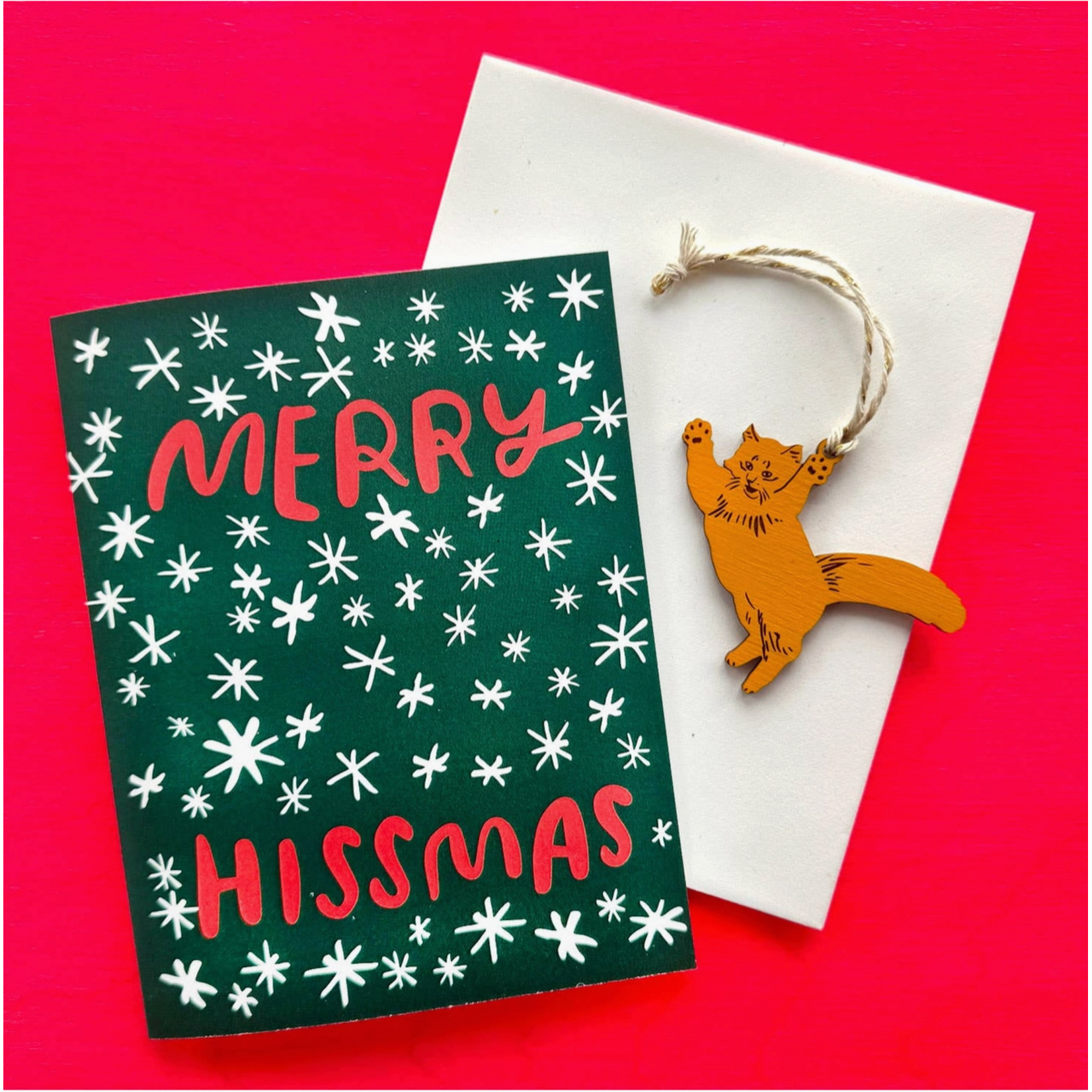 Card: Merry Hissmas (With Leaping  Cat Ornament)