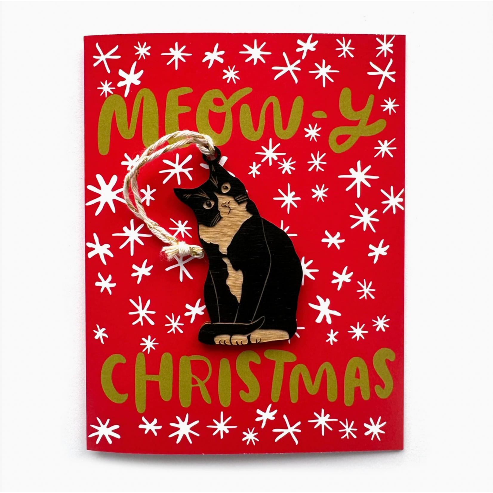 Card: MEOW-Y Christmas (With Curious Cat Ornament On The Front)