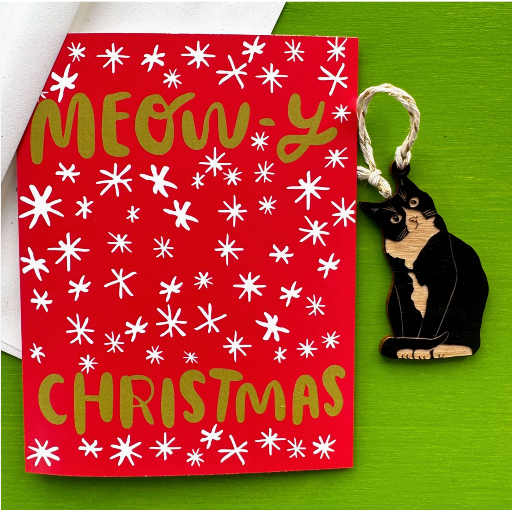 Card: MEOW-Y Christmas (With Curious Cat Ornament On The Front)