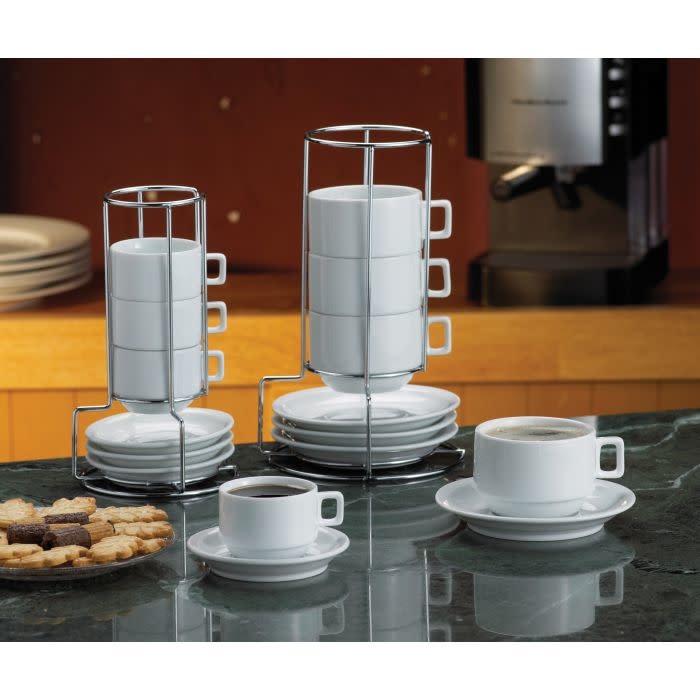 Porcelain Stackable Espresso Cups with Saucers and Metal Stand