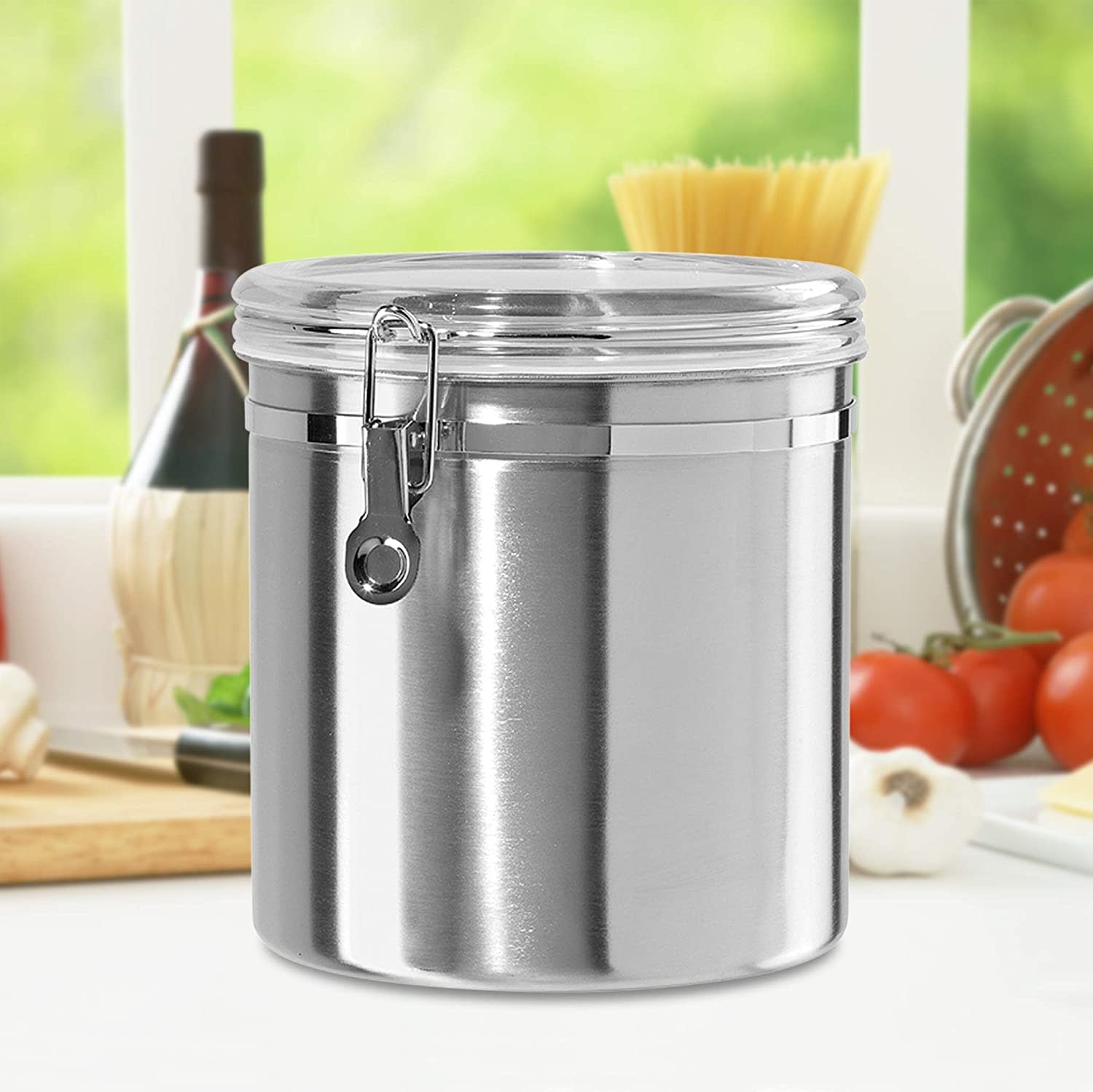 OGGI Stainless Steel Canister 62oz - Airtight Clamp Lid, Clear See-Thru  Top. Large Size 5 x 7.5 & Jumbo 8 Stainless Steel Flour Clamp Canister 