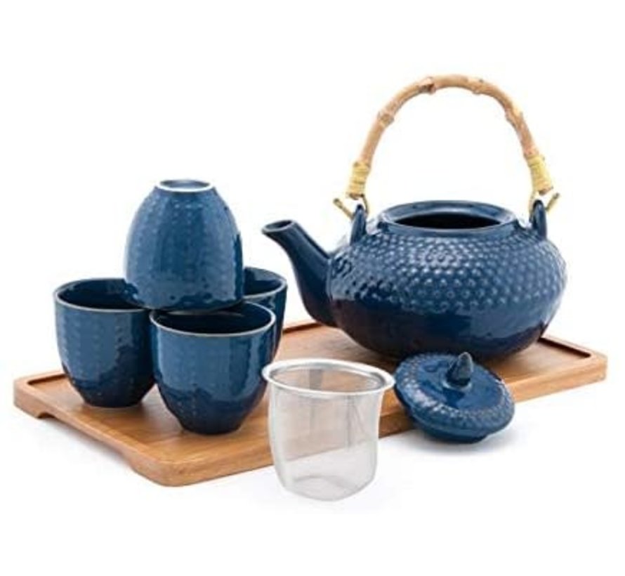 Tea Set With Strainer & Tray, Blue