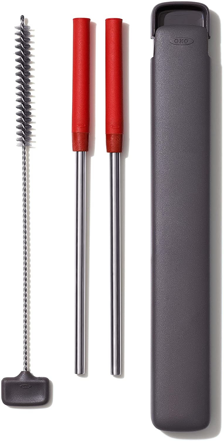 OXO Good Grips Stainless Steel 5 Piece Reusable Straw Set - Red/Gray