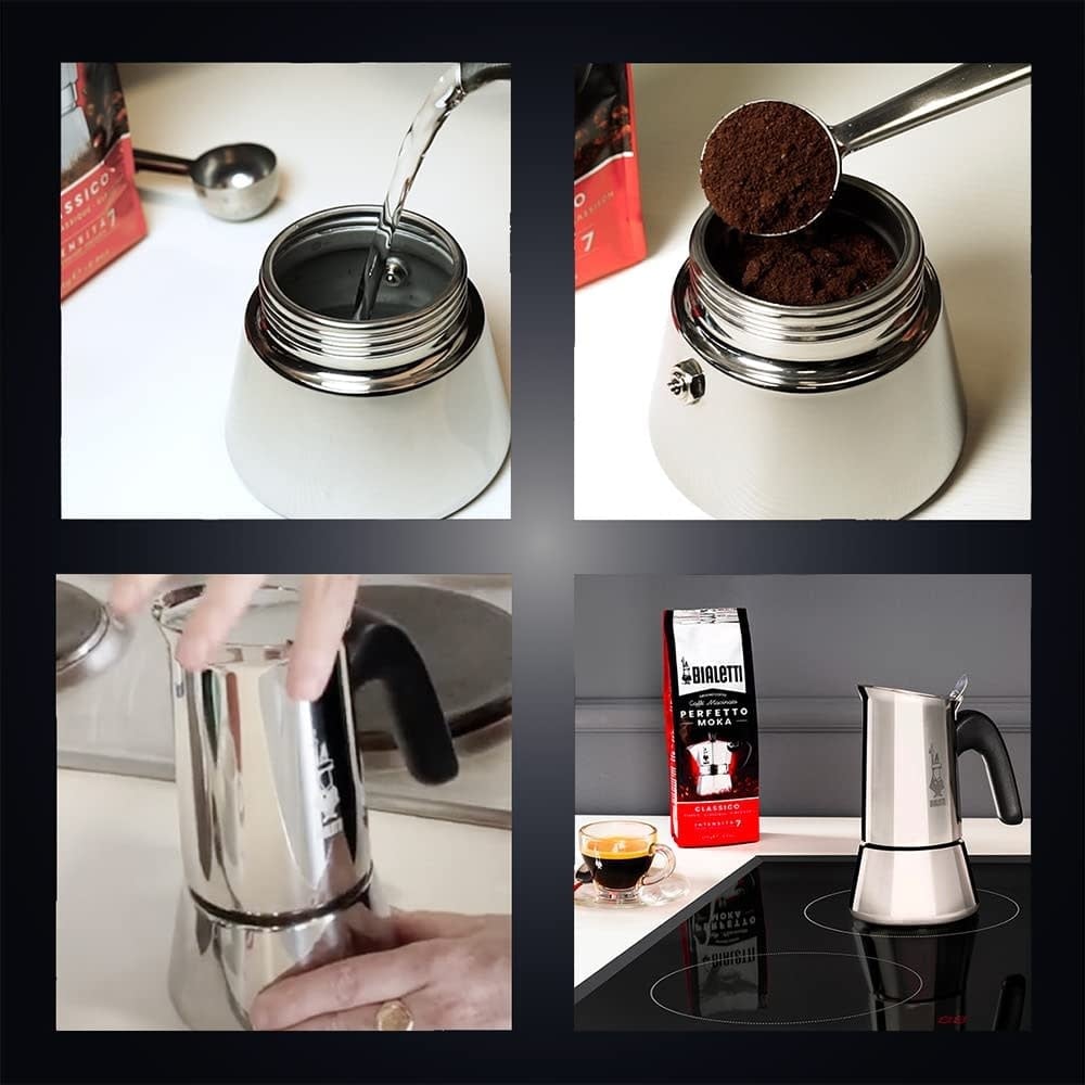 Bialetti Espresso Silver/Black Stainless Steel Stove top Coffee/Tea Pot