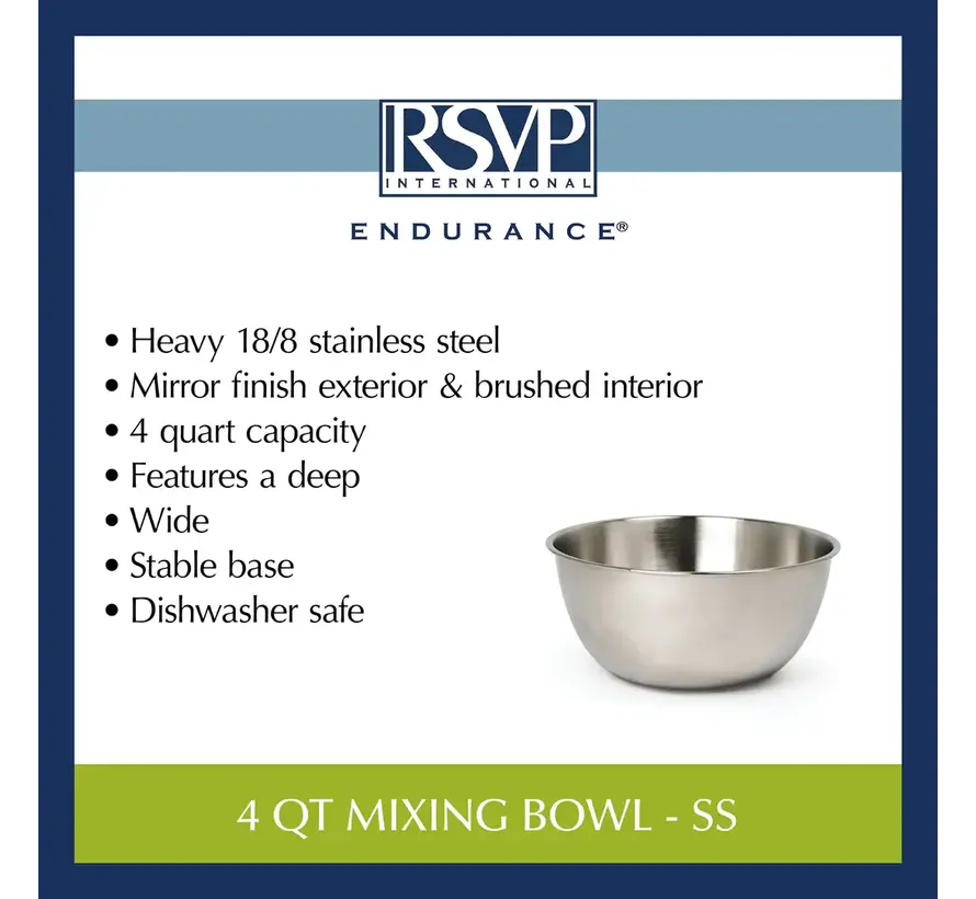 RSVP International Endurance Stainless Steel Mixing Bowls, 8 Quart