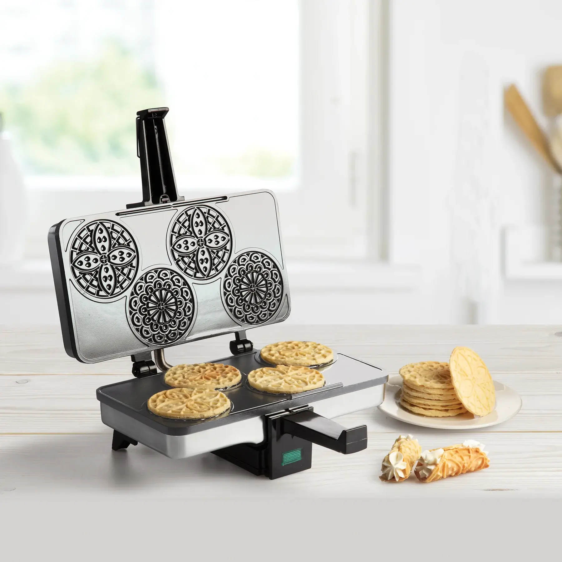 Cucinapro Mini Electric Pizzelle Maker - Makes One Personal Tiny Sized 4' Traditional Italian Cookie in Minutes- Nonstick Easy to Use Press - Recipes
