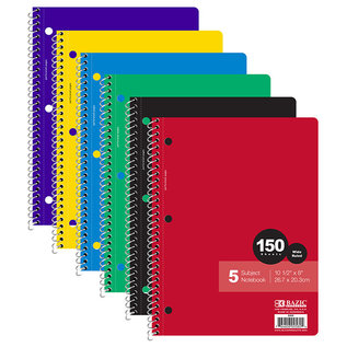 BAZIC BAZIC 5 Subject Wide Ruled Spiral Notebook 150 Sheets