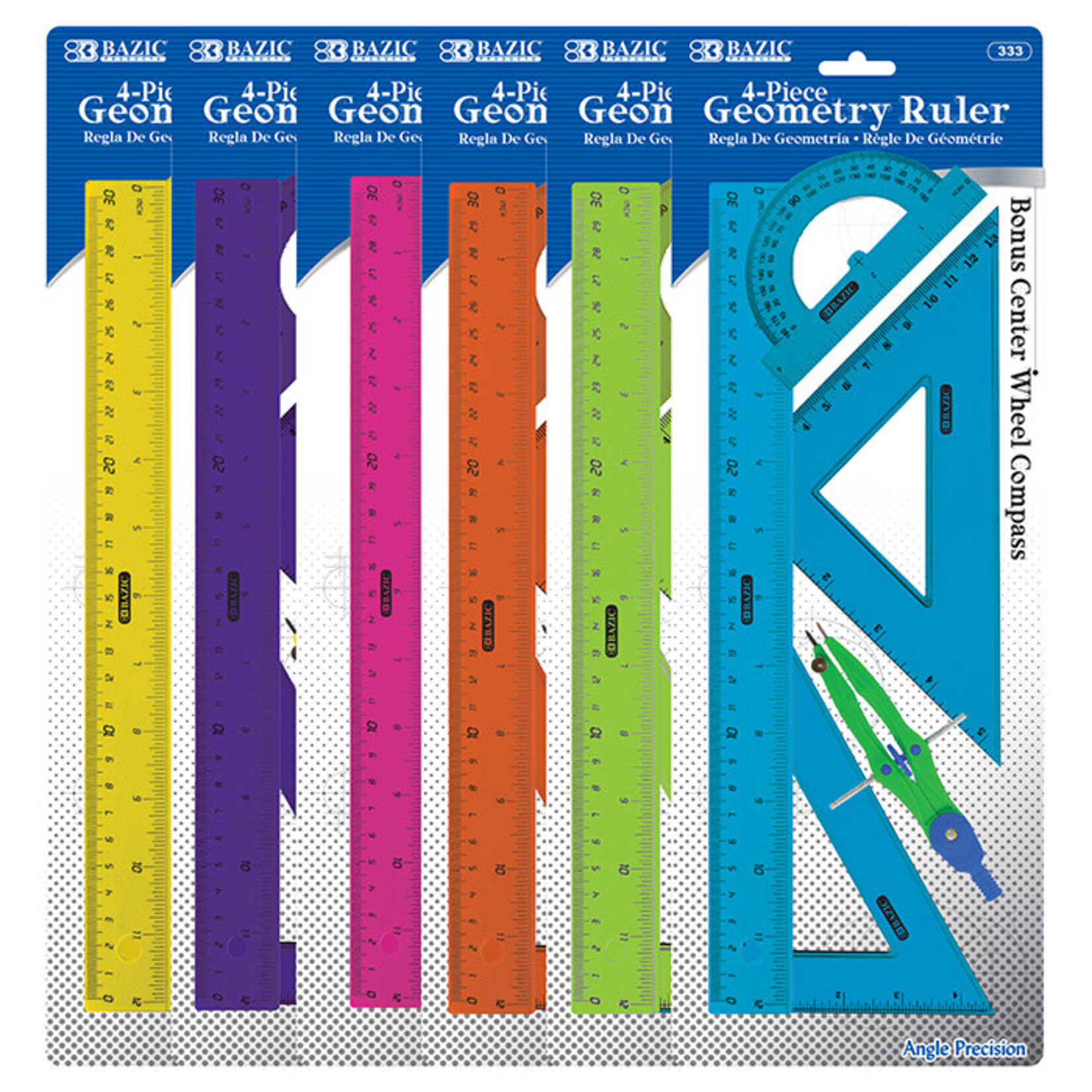 BAZIC BAZIC 4-Piece Geometry Ruler Combination Sets w/ Center Wheel Compass [333a]