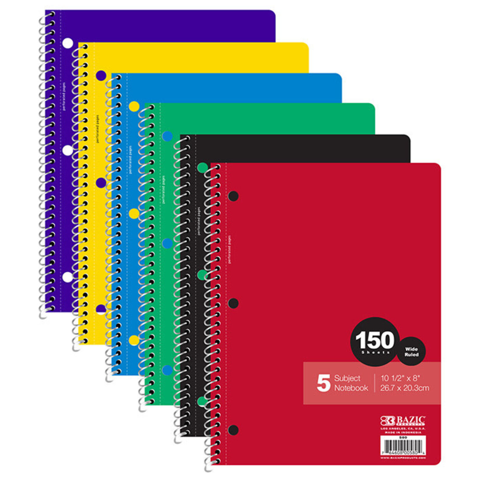 BAZIC BAZIC 5 Subject Wide Ruled Spiral Notebook 150 Sheets [580]
