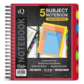 iSCHOLAR iSCHOLAR iQ 5 Subject Double Wire Poly-Cover Spiral Notebook College Ruled  200 Sheets  11 inches x 7.5 inches