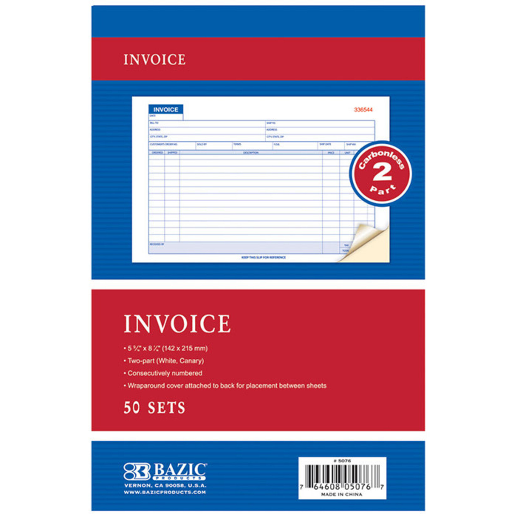 BAZIC BAZIC 50 Sets 5 9/16 x 8 7/16 2-Part Carbonless Invoice Book [5076]