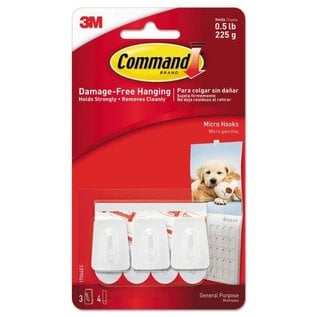 3M Command General Purpose Hooks, Micro, 0.5 lb Cap, White, 3 Hooks and 4 Strips/Pack