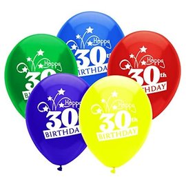 PARTYMATE Happy 30th Birthday Shooting Stars Printed 12 Inch Latex Balloons, 8 Count, Assorted Colors