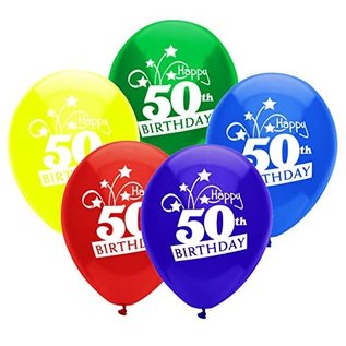 PARTYMATE Happy 50th Birthday Shooting Stars Printed 12 Inch Latex Balloons, 8 Count, Assorted Colors