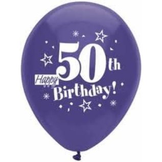 PARTYMATE Happy 50th Birthday Stars Printed 12 Inch Latex Balloons, 8 Count, Assorted Colors