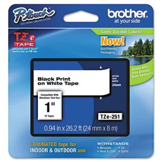 BROTHER Standard Adhesive Laminated Labeling Tape, 0.94" x 26.2 ft, Black on White