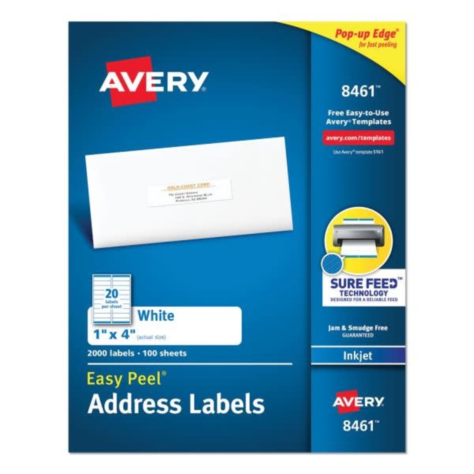 AVERY Avery Easy Peel White Address Labels w/ Sure Feed Technology, Inkjet Printers, 1 x 4, White, 20/Sheet, 100 Sheets/Box [AVE8461]