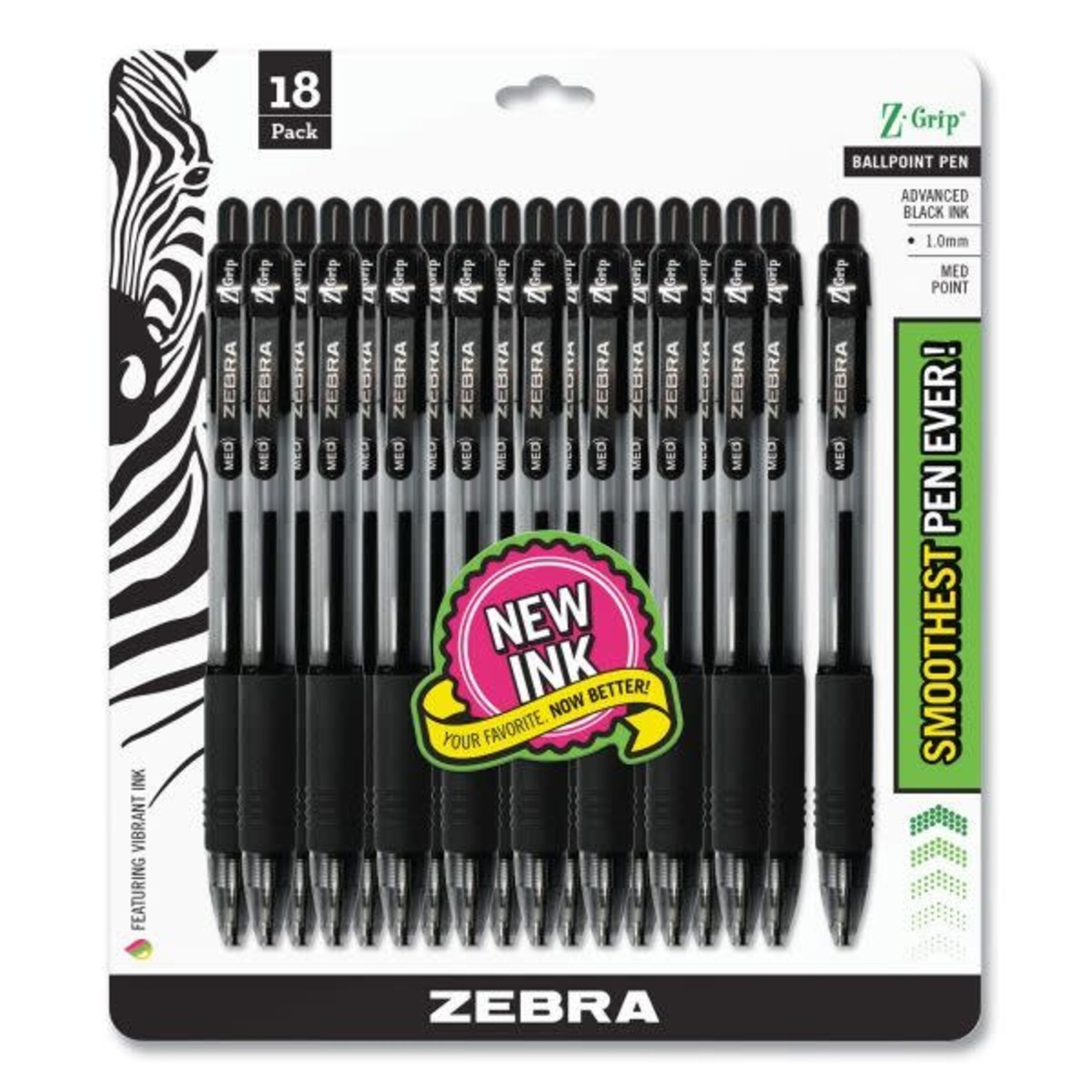 ZEBRA Zebra Z-Grip Retractable Ballpoint Pen, Medium 1 mm, Black Ink, Clear Barrel, 18/Pack [ZEB2773588]