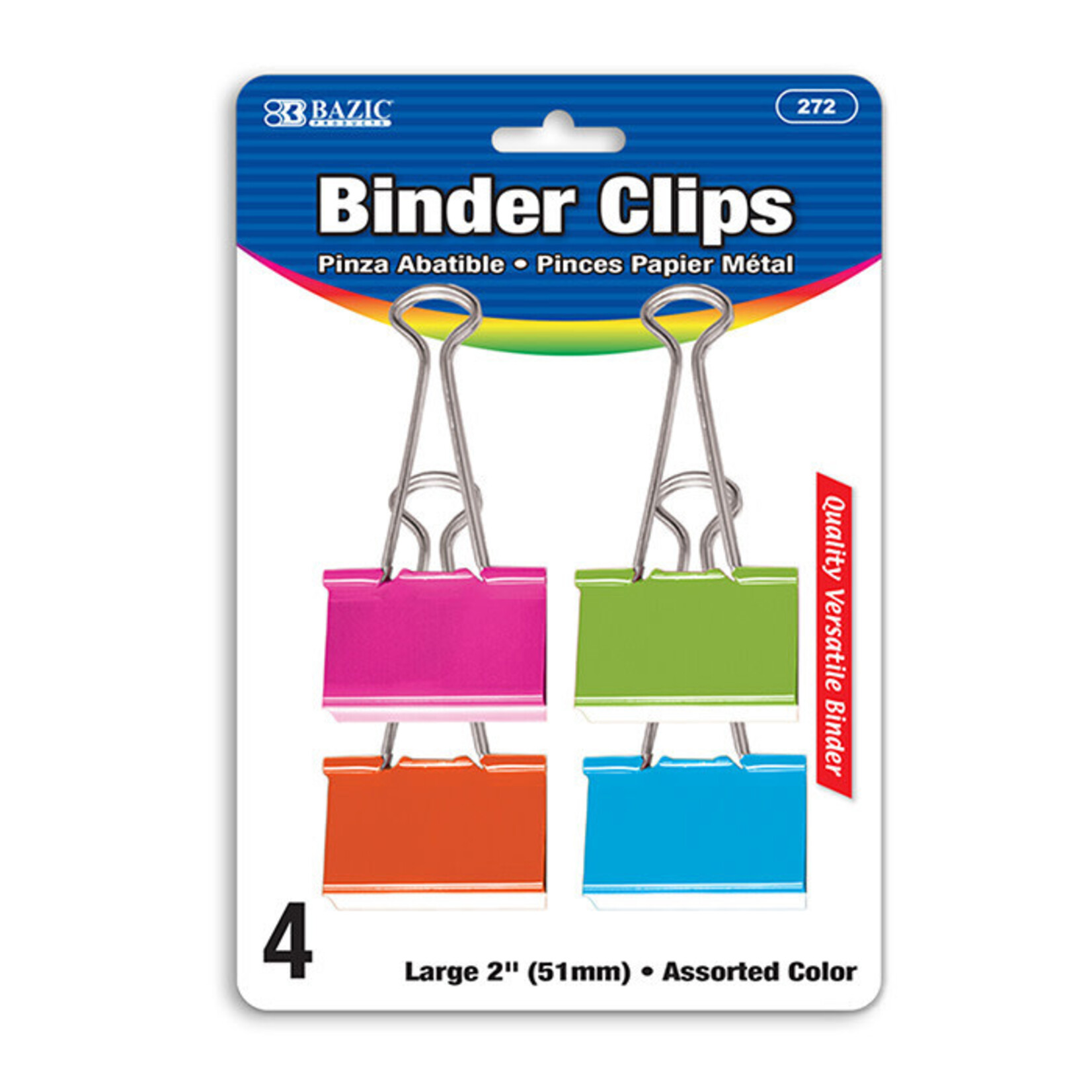 BAZIC BAZIC Large 2" (51mm) Assorted Color Binder Clip (4/Pack) [272]
