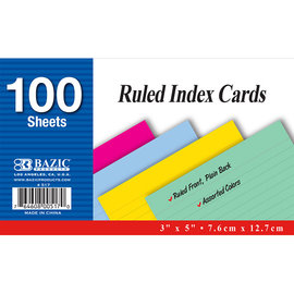 BAZIC BAZIC 100 Ct. 3" X 5" Ruled Colored Index Card
