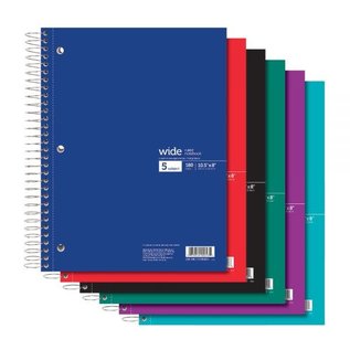 Office Depot Wirebound Notebook, 3-Hole Punched, 8" x 10 1/2", 5 Subjects, Wide Ruled, 180 Sheets, Assorted Colors