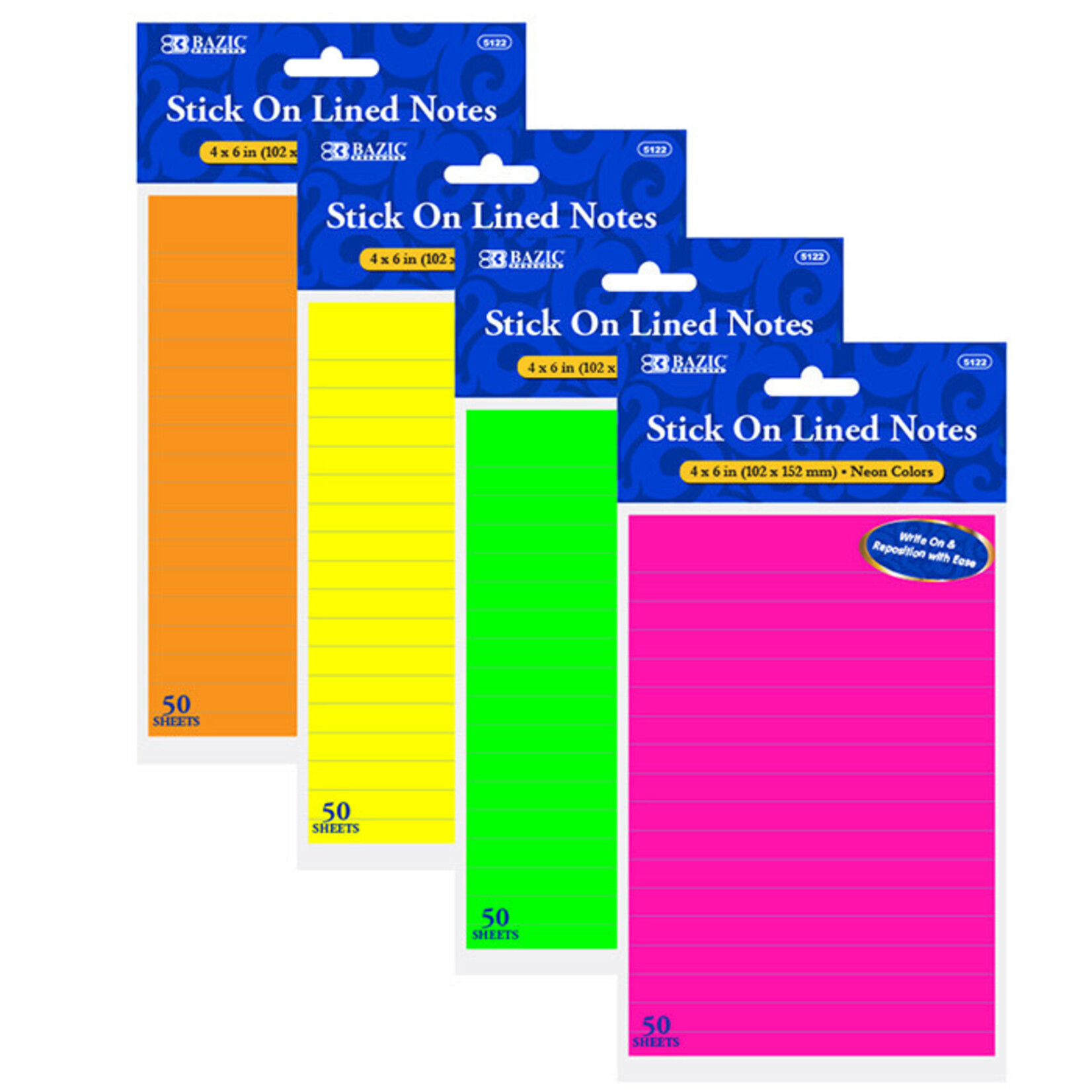 BAZIC BAZIC 50 Ct. 4 X 6 Neon Lined Stick On Notes [5122]