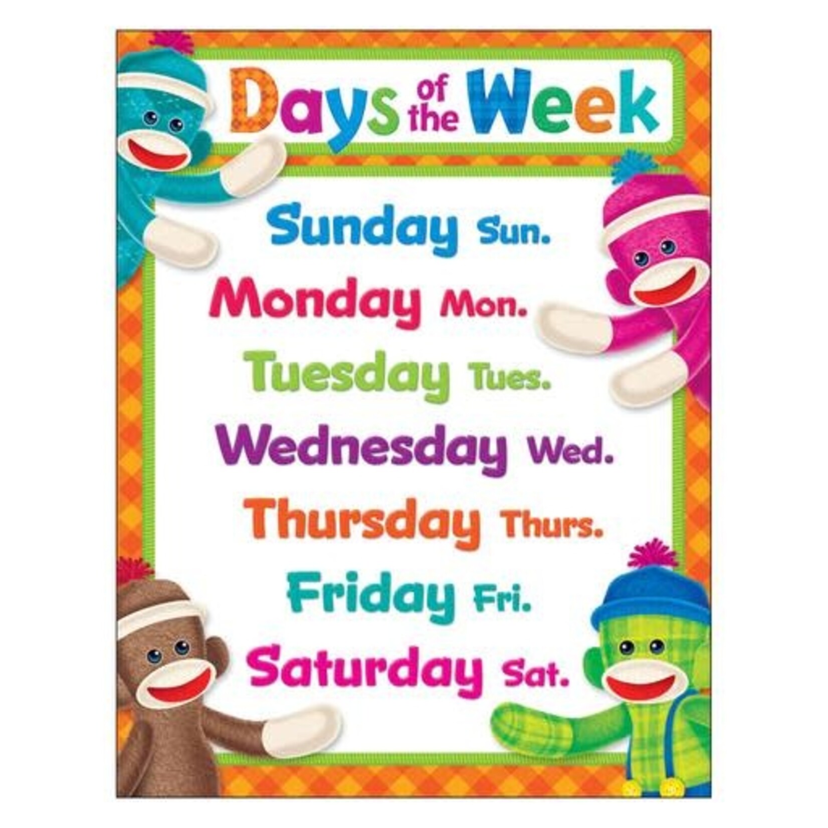 Trend Enterprises Days of the Week Sock Monkeys Learning Chart 17x22 [T38472]