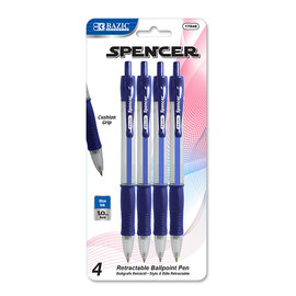 BAZIC BAZIC Spencer Blue Retractable Pen w/ Cushion Grip (4/Pack)