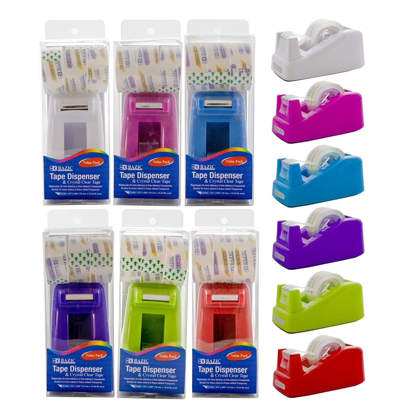 BAZIC Mini 1" Core Desktop Tape Dispenser w/ (3) 3/4" x 600" Tape Refill [943]