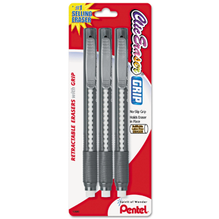 Pentel Of America Pentel Clic Eraser Grip Eraser, For Pencil Marks, White Eraser, Randomly Assorted Barrel Color, 3/Pack
