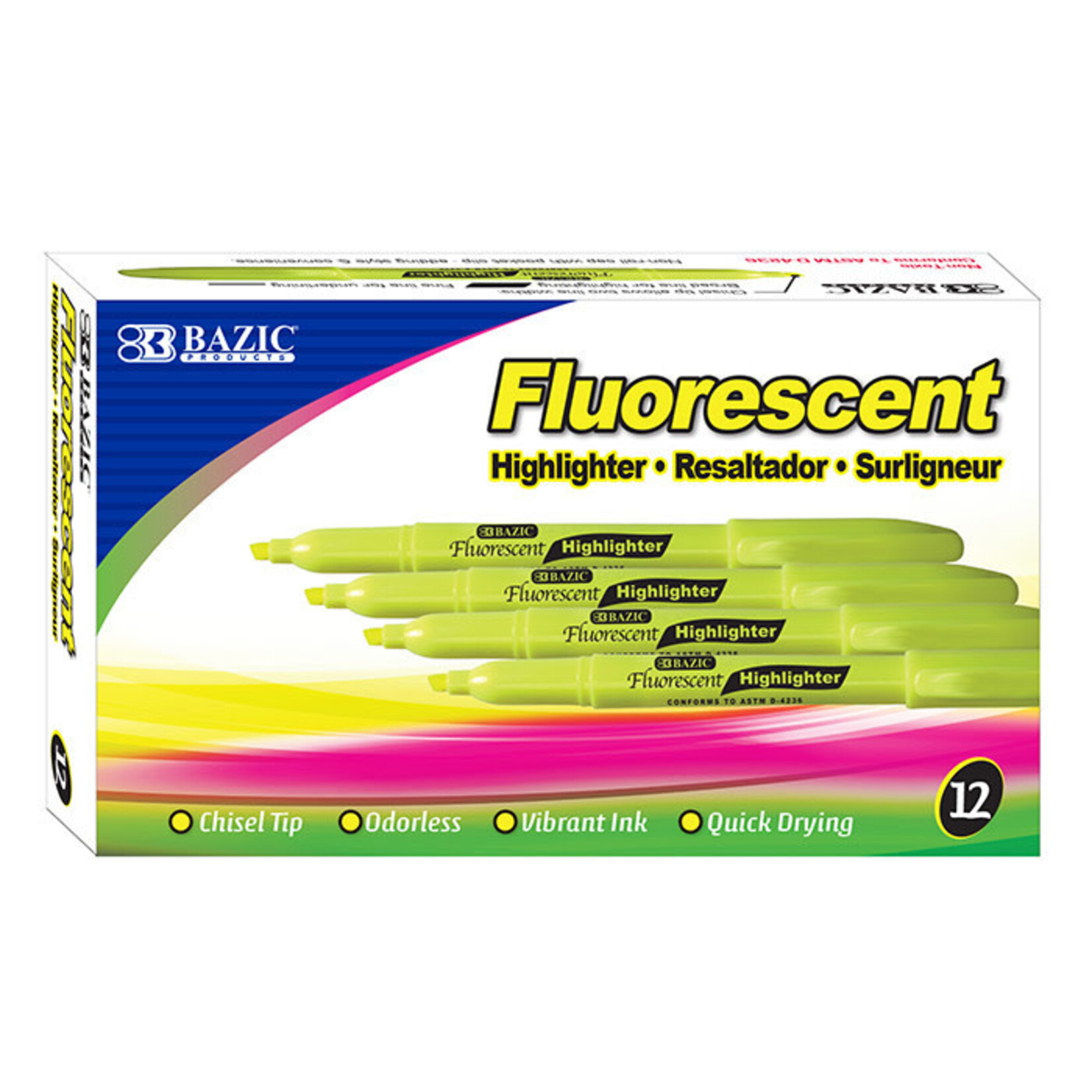INTEGRA BAZIC Yellow Pen Style Fluorescent Highlighter w/Pocket Clip (12/Box) [2303]