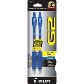 Pilot G2 Retractable Gel Pens Extra Fine Point - 0.50 mm Point Size - Blue Ink - Clear Barrel - 2/ Pack