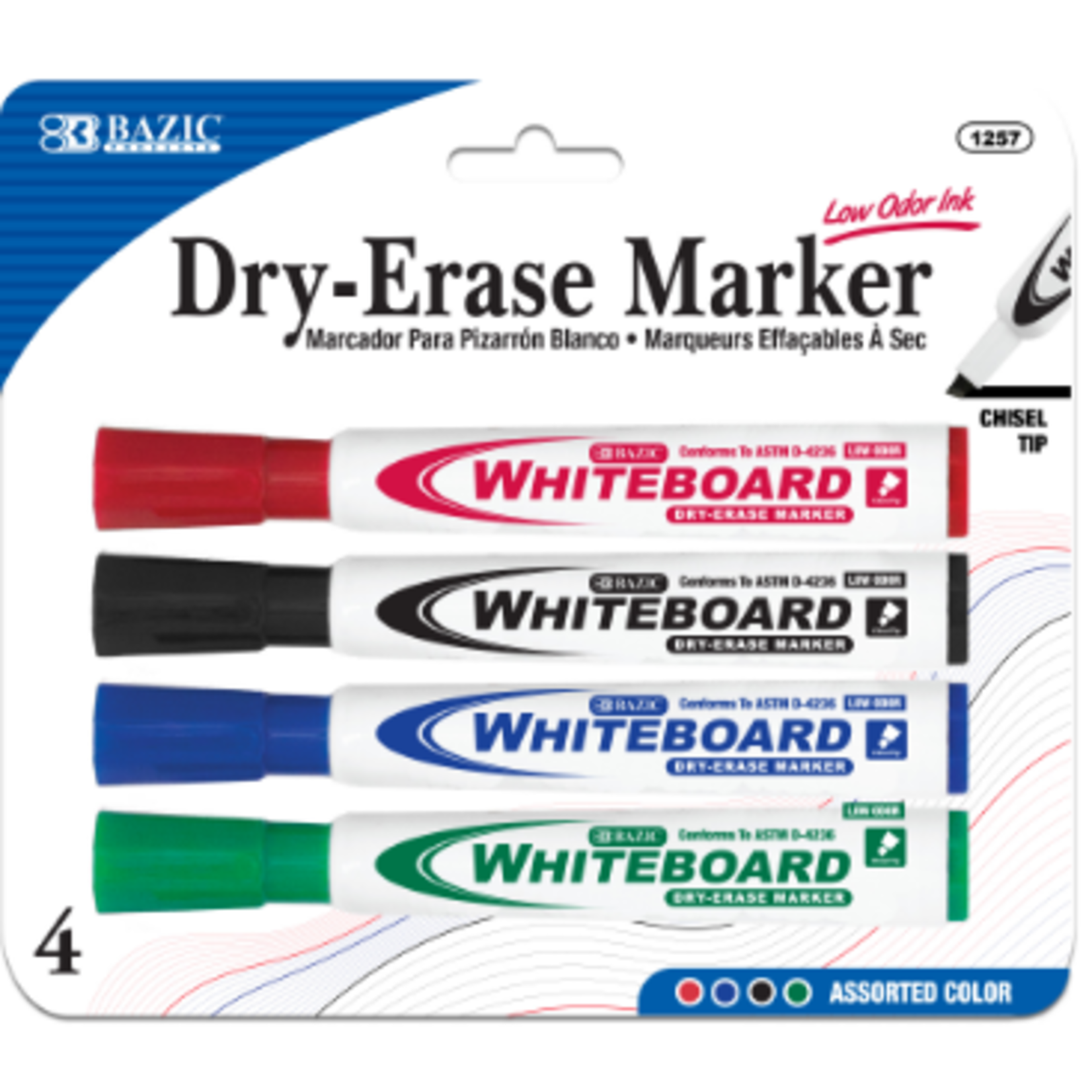 BAZIC BAZIC Assorted Colors Chisel Tip Dry-Erase Markers (4/Pack) [1257]