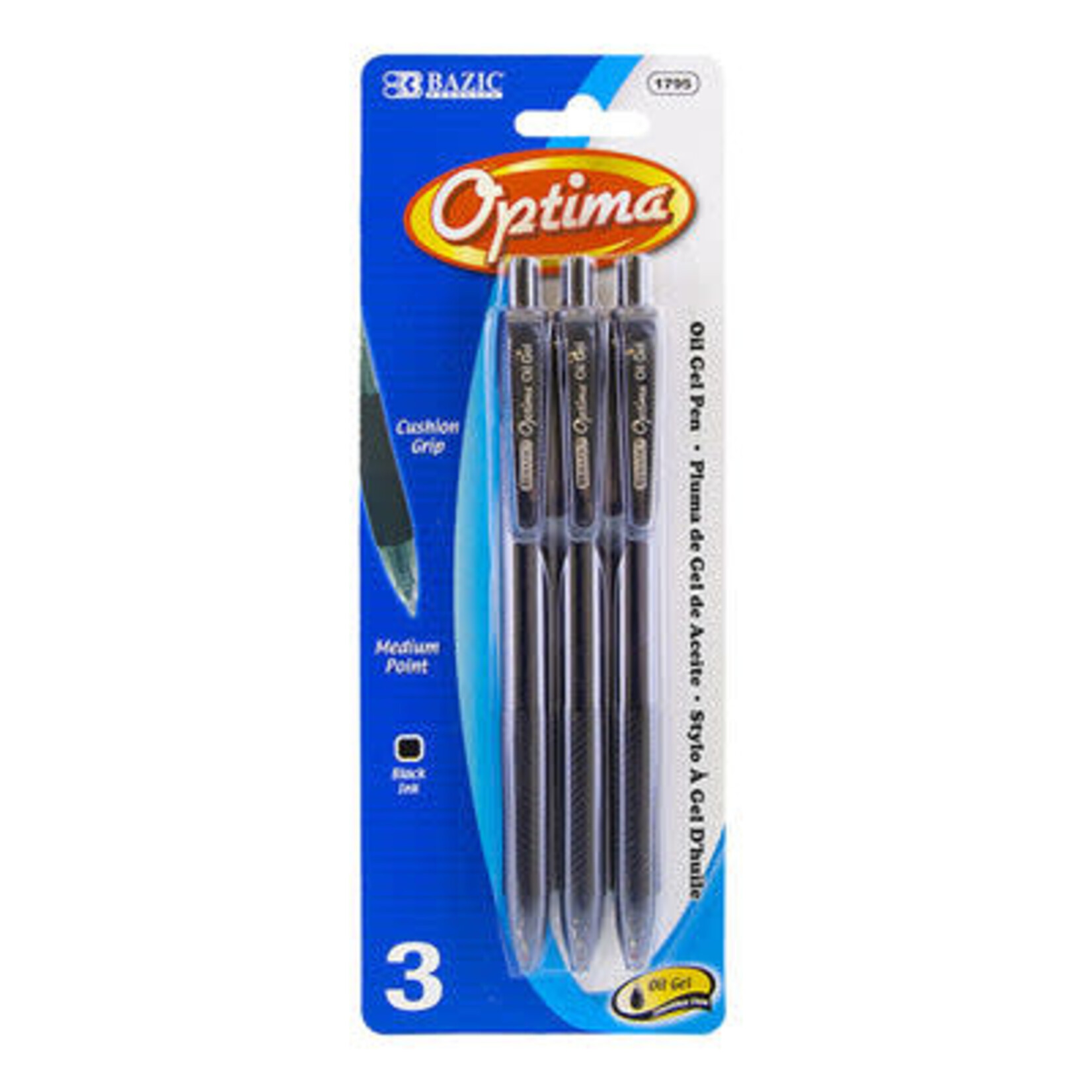 BAZIC BAZIC Optima Black Oil-Gel Ink Retractable Pen w/ Grip (3/Pack) [1795]