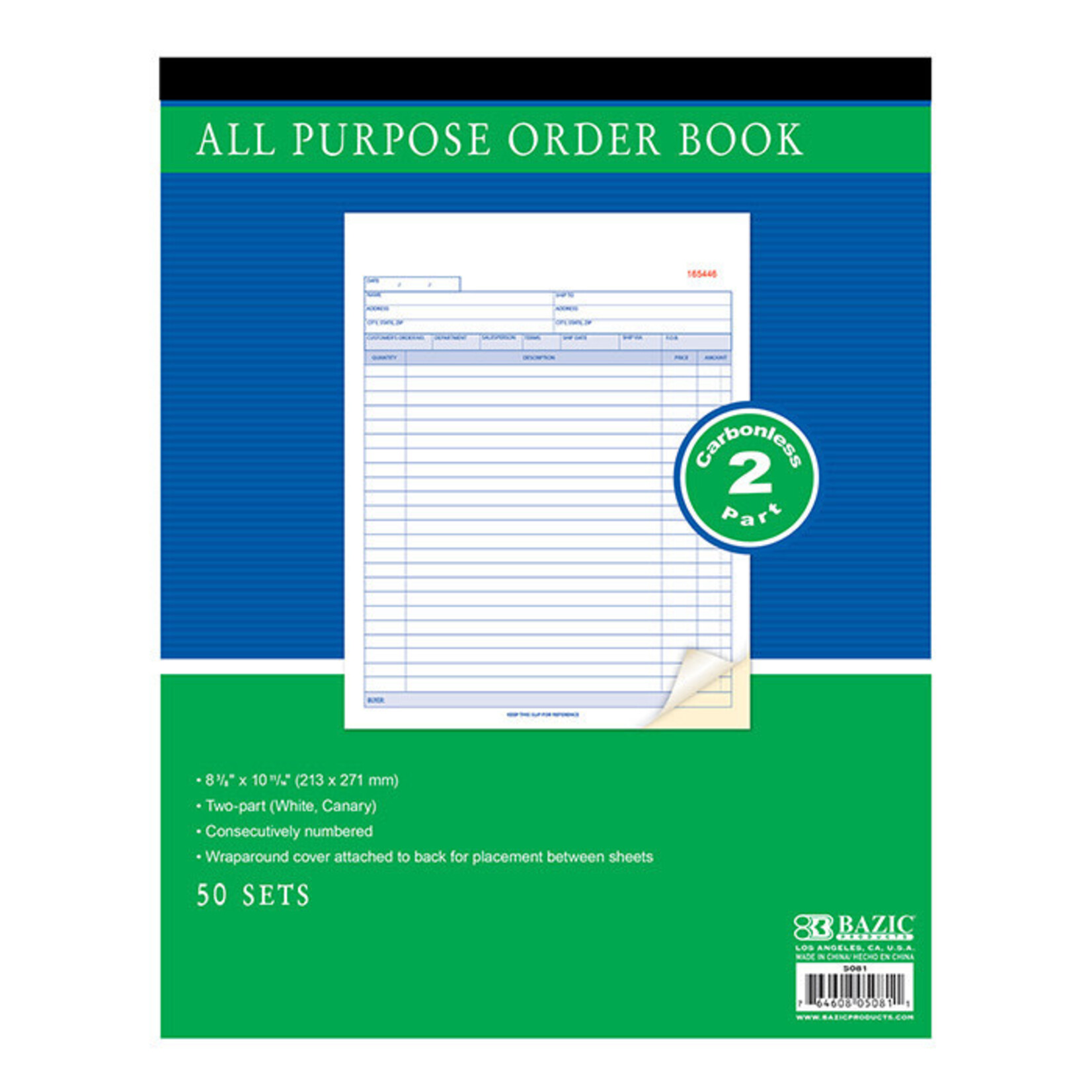 BAZIC BAZIC 50 Sets 8 3/8" x 10 11/16" 2-Part Carbonless All Purpose Order Book [5081]