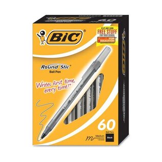 BIC Round Stic Xtra Life Ballpoint Pens, Black Ink, 1mm, Medium, 60/Box