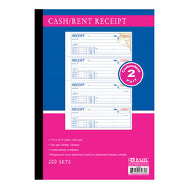 BAZIC Cash or Rent Receipt Book 2-Part Carbonless 7 5/8" x 10 7/8" (200 Sets)