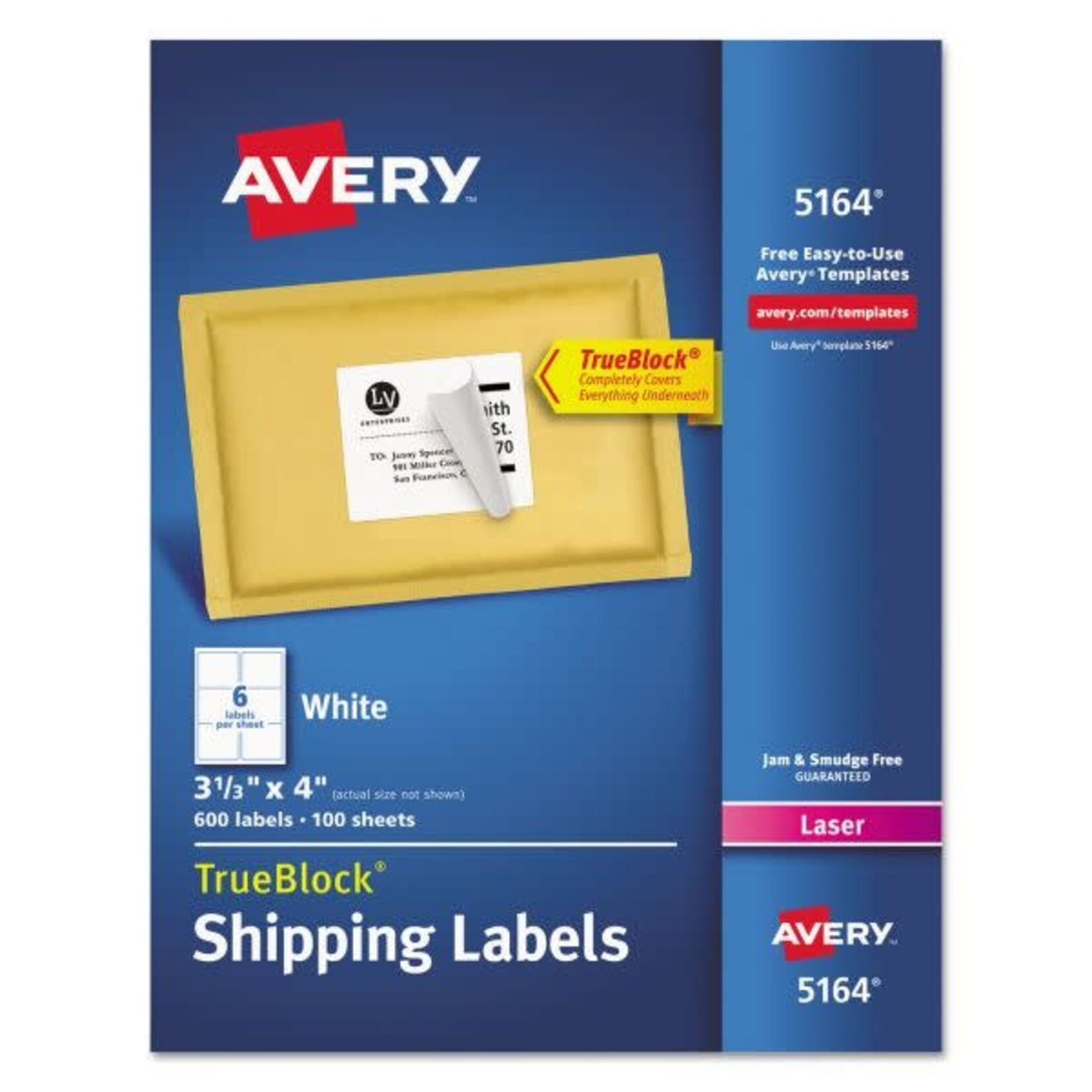 AVERY Avery Shipping Labels w/ TrueBlock Technology, Laser Printers, 3.33 x 4, White, 6/Sheet, 100 Sheets/Box [AVE5164]