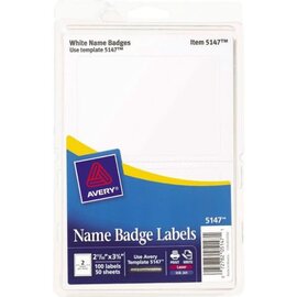AVERY Avery Printable Self-Adhesive Name Badges, 2 1/3 x 3 3/8, White, 100/Pack