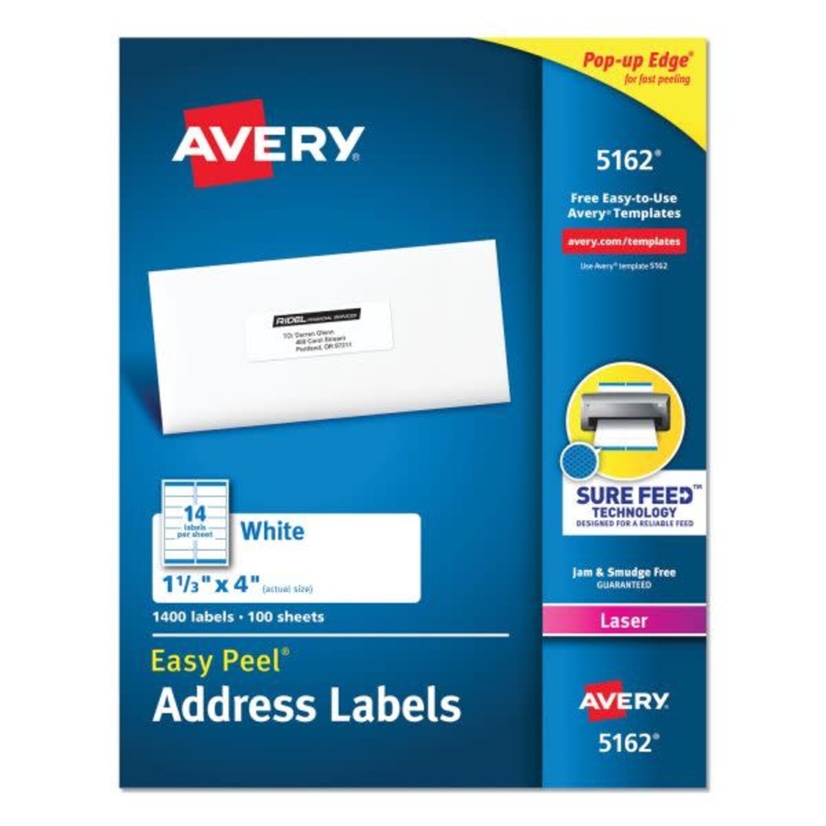 AVERY Avery Easy Peel White Address Labels w/ Sure Feed Technology, Laser Printers, 1.33 x 4, White, 14/Sheet, 100 Sheets/Box [AVE5162]