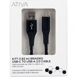 ATIVA Ativa USB Type-C To USB Type-A Cable, 6', Black, 45380