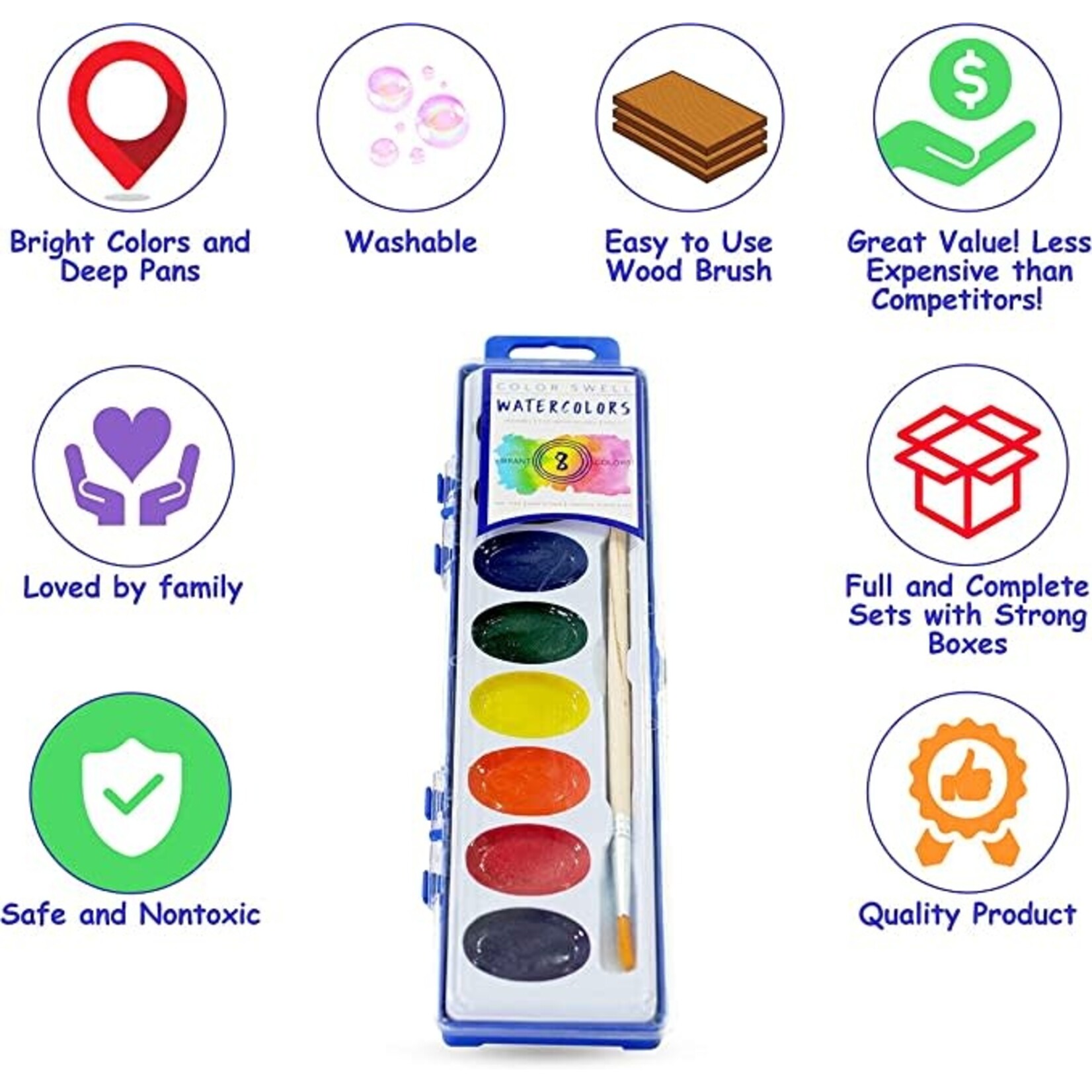 Color Swell Color Swell Watercolor Paint Pack with Wood Brushes 8 Colors Washable Water Colors [B01KP91ST2]