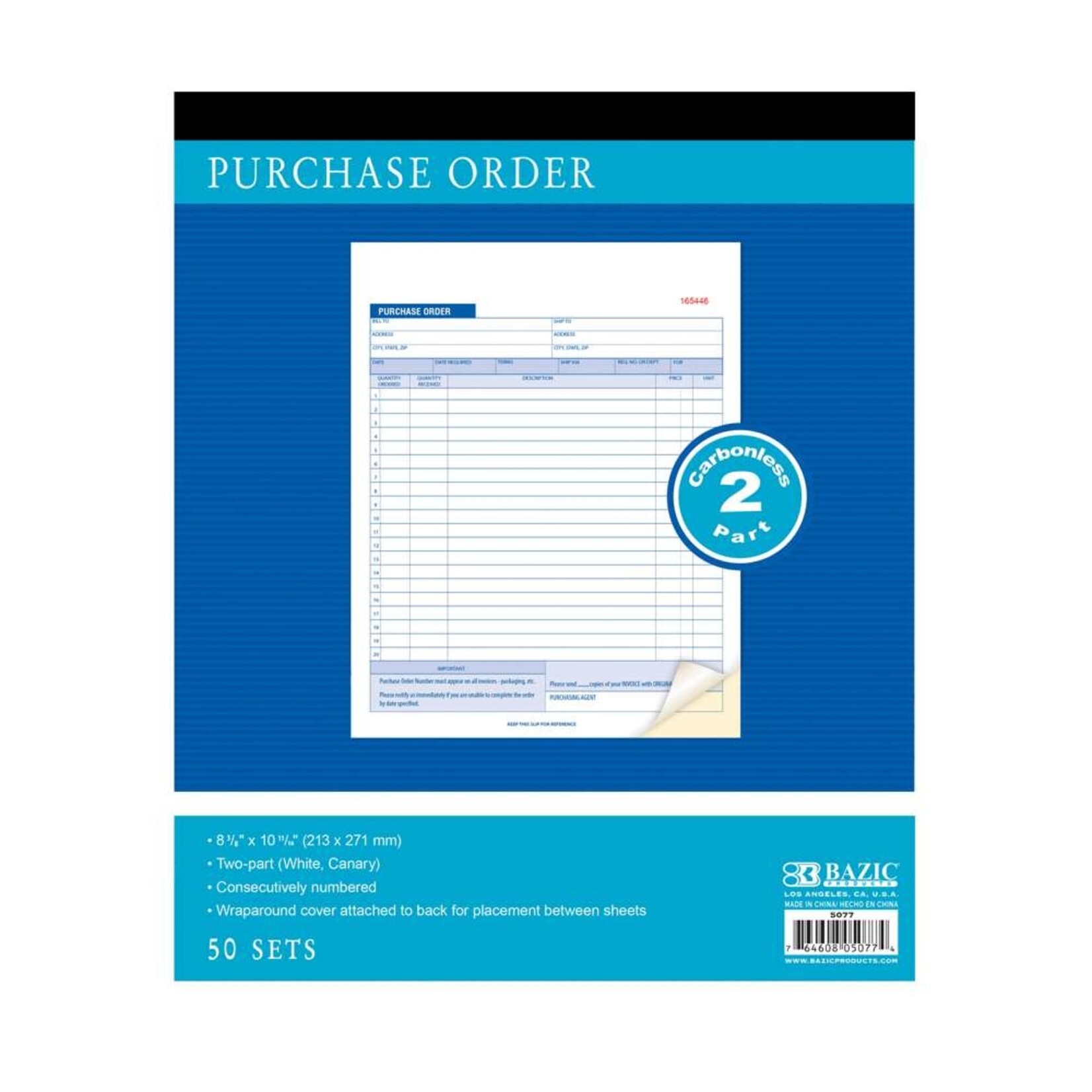 BAZIC BAZIC 50 Sets 8 3/8 x 10 11/16 2-Part Carbonless Purchase Order Book [5077]