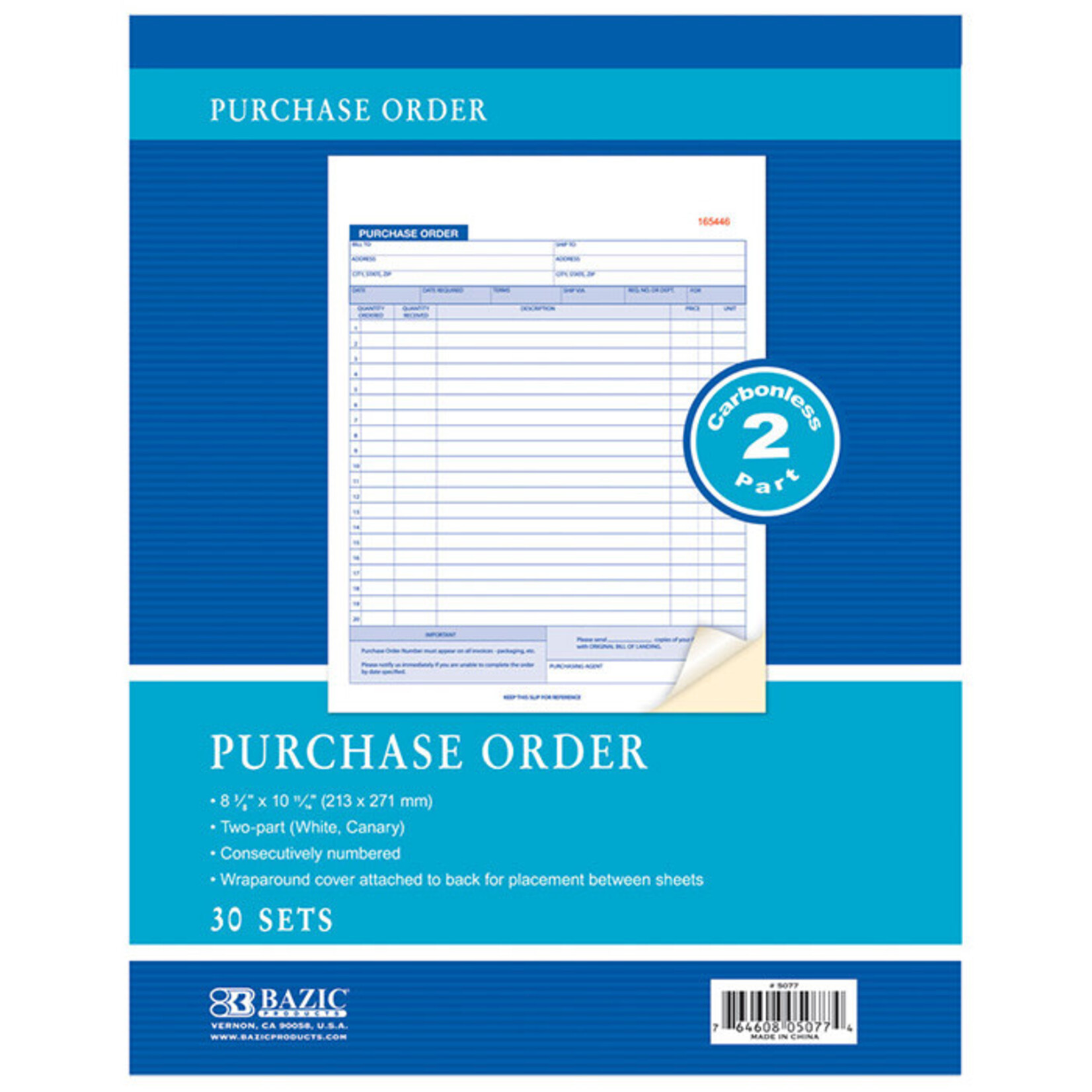 BAZIC BAZIC 50 Sets 8 3/8 x 10 11/16 2-Part Carbonless Purchase Order Book [5077]