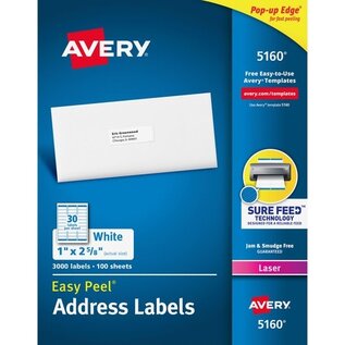 AVERY Avery Easy Peel Mailing Address Labels w/Sure Feed, Laser, 1 x 2 5/8, White, 3000/Box