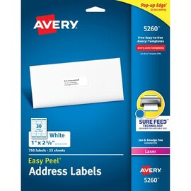 AVERY Avery White Address Labels Laser Printers, 1 x 2.63, White, 30/Sheet, 25 Sheets/Pack