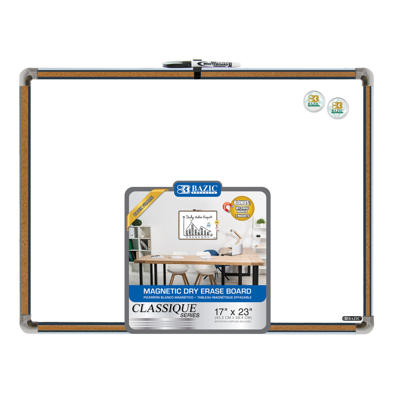 BAZIC BAZIC 17" X 23" CLASSIQUE Cork Frame Magnetic Dry Erase Board w/ Marker & 2 Magnets [6022]